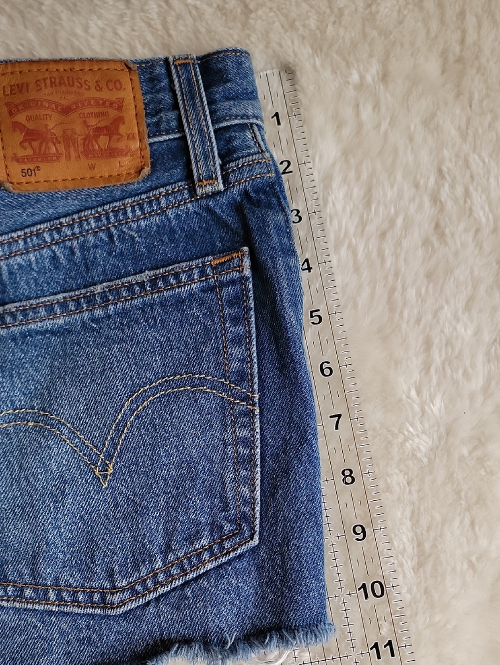 Levi's Dark Blue Distressed Denim Cutoff Shorts - Picture 6 of 9